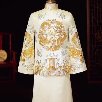 2022 Men Champagne Dragon Embroidery Cheongsam Chinese Traditional Wedding Dress China Qipao костюм для восточных 3