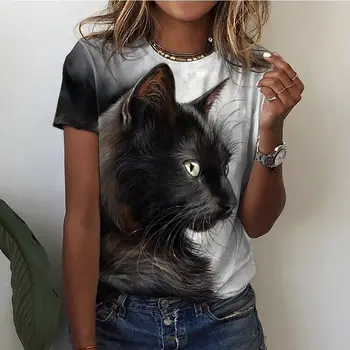 2023 Новая летняя футболка с милым котом для девочек и женщин, Короткий рукав, Модная Повседневная Сексуальная одежда для девочек, Топ Оверсайз с рисунком 8