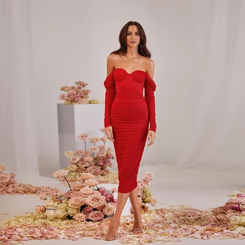 2023 Новое элегантное красное коктейльное платье со складкой на плечах и длинным рукавом Русалка Длиной до щиколоток, платье для выпускного вечера, вечернее платье, халат 8