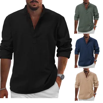 2023 новые Хлопчатобумажные Льняные Горячие Продажи Мужских Рубашек с длинными рукавами, Летние Однотонные Рубашки со Стоячим воротником, Повседневный Пляжный Стиль, Плюс Размер 14