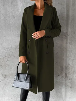 2023, Однотонное Зимнее пальто из шерсти и смесовых материалов с длинным рукавом и пуговицами, женские классические модные пальто свободного кроя, Femme 15