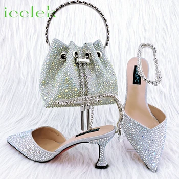 2023 Серебристый цвет, Красивая Дизайнерская обувь для девочек на среднем каблуке, комплект мини-сумок в тон для женщин, Свадебная вечеринка 11