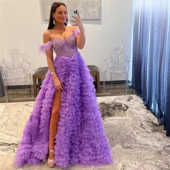 2023 Фиолетовое платье трапециевидной формы, плиссированное тюлевое платье для выпускного вечера, Вечерние платья с высоким разрезом, расшитое бисером, с открытыми плечами, с рукавами-перьями