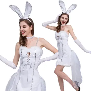 2023s Хэллоуин Белое Сексуальное Женское Белье Playboy Bunny Ролевая игра Для Девочек Джазовая Танцевальная вечеринка Комплект Платья на Подтяжках 4