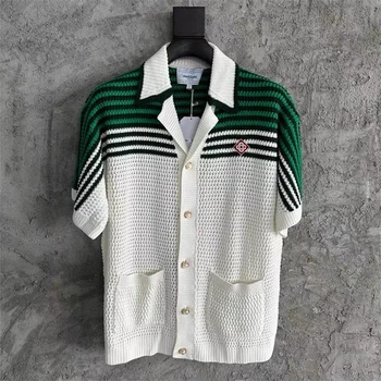 23SS, новый стиль
 Жаккардовый свитер Casablanca с коротким рукавом Для Мужчин и женщин, Кардиган Лучшего качества 1: 1, Свитшоты с вышивкой, Уличная одежда 8