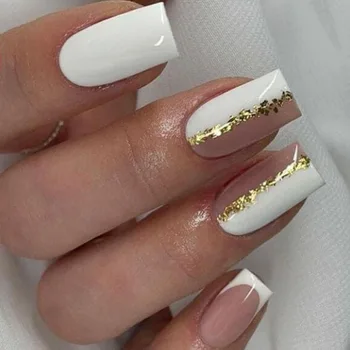 24шт Белые французские накладные ногти Квадратные блестящие накладные ногти Полное покрытие Пресс на ногти Аксессуары для ногтей DIY Съемные наконечники для ногтей 9