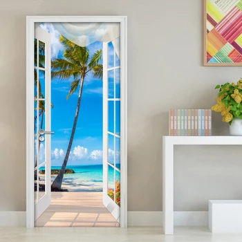 3D Наклейка на дверь, Окно, балкон, Кокосовая пальма, Вид на море, Настенная роспись, наклейки на обои, Самоклеящиеся Съемные Наклейки на стены Домашней двери 5