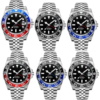 40 мм GMT, мужские механические часы, 100 м, водонепроницаемые, лучший бренд, Керамическое Сапфировое стекло, Нержавеющая сталь, Деловые автоматические мужские часы 9