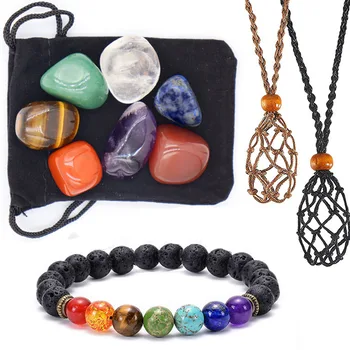 7 Чакр, натуральный падающий камень с 2 ожерельями в виде кристаллической клетки, держатель, Лавовый камень, Браслет для Йоги, набор для медитации исцеления Рейки 4