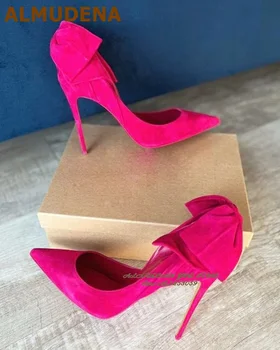 ALMUDENA/ Розовые замшевые туфли-лодочки с острым носком и узлом-бабочкой на Заоблачной шпильке, Женские туфли для Банкета без Застежки, Свадебные туфли-лодочки с бабочкой 5