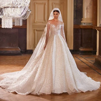 AmyLvager/ новое поступление, великолепное свадебное платье трапециевидной формы с кружевным шлейфом, роскошное свадебное платье принцессы с длинным рукавом и круглым вырезом, расшитое бисером 6