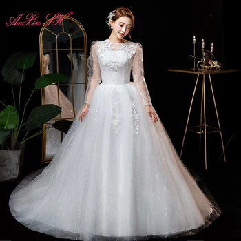 AnXin SH принцесса цветок кружевное белое свадебное платье винтажное с круглым вырезом блестящее иллюзионное бальное платье с длинным рукавом свадебное платье невесты 11