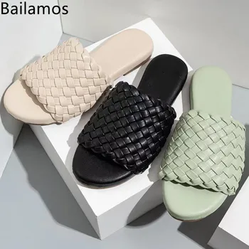Bailamos / 2021 Новые модные женские тапочки на толстой подошве, женские босоножки на плоском каблуке из искусственной ткани, Повседневная женская уличная обувь с открытым носком