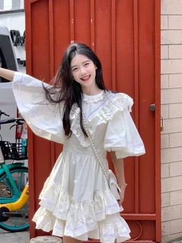 Deeptown/ Корейское модное Белое платье с оборками, Женское Y2k, Милые двухслойные мини-платья Принцессы с высокой талией и коротким рукавом 