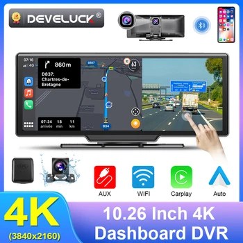 Develuck 10,26 Дюймов 4K Автомобильный Видеорегистратор Carplay AUX Android Auto 1080p Зеркало заднего вида Камера Dash Двойной объектив 3840 *2160P GPS Видеомонитор 11