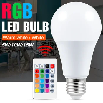 E27 Светодиодная Лампа RGB Light Smart IR Remote Control Светодиодная Лампа С Регулируемой Яркостью RGBW Светодиодная лампа 5 Вт 10 Вт 15 Вт Для Домашнего Декора Вечеринки Освещение