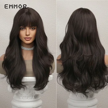 Emmor Синтетический парик из темно-каштановых волос с челкой, натуральный волнистый парик для женщин, Косплей, Парики из термостойкого волокна 4