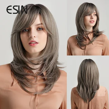 ESIN Синтетические волосы, Серо-коричневый парик, вечерние, повседневные, натуральные Парики с длинными волнами для женщин, без челки, сетка для волос, термостойкие