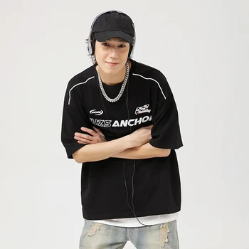 Hanlu, японская мужская модная брендовая футболка с короткими рукавами, Мужская Летняя новинка, американская Ретро Свободная гоночная