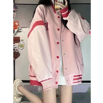 HOUZHOU Винтажная Розовая Куртка-бомбер Y2k, Женская Корейская Модная Уличная Одежда Оверсайз, Милые Спортивные Куртки С Вышивкой, Колледж, Свободные
