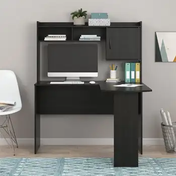 L-образный письменный стол из черного дуба с ящиком: просторная и стильная коллекция Mainstays