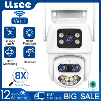 LLSEE icsee 4K 9MP трехобъективная беспроводная наружная WIFI камера видеонаблюдения с 8-кратным оптическим зумом, автоматическое отслеживание цвета ночью