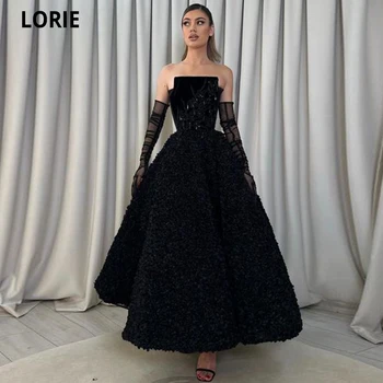 LORIE/Женские атласные черные платья для выпускного вечера Трапециевидной формы с вырезом лодочкой, кружевными аппликациями, вечерние платья длиной до пола, платья для официальных мероприятий
