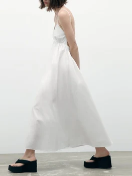 LOSIBUDSA Женское Длинное Платье на Бретельках с Глубоким V-образным вырезом, без рукавов, с открытой спиной, Однотонные Элегантные Длинные Платья Трапециевидной Формы (Белый M) 8