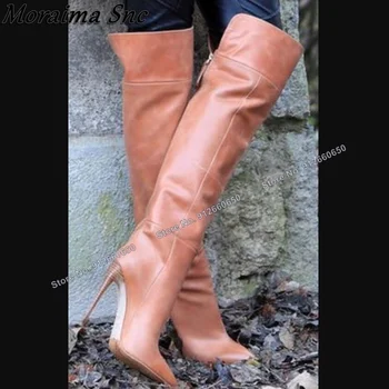 Moraima Snc/ Однотонные Женские Ботинки на молнии с острым носком сзади; Сапоги до колена на шпильке; Модная обувь для Подиума на высоком каблуке 11
