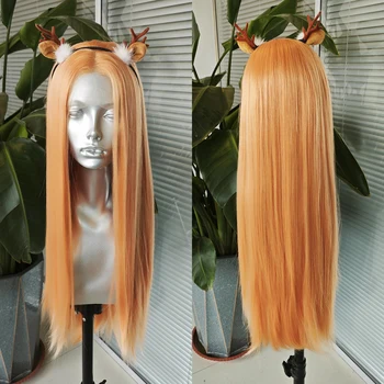 RONGDUOYI Длинные прямые волосы Светло-оранжевый синтетический парик из шелкового прямого тепловолокна, средняя часть, парики на кружеве Спереди, для косплея, женское использование 1