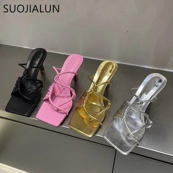 SUOJIALUN/ Новинка 2022 года; Брендовые женские тапочки; Модные плиссированные женские Элегантные Босоножки на тонком высоком каблуке; Уличные босоножки