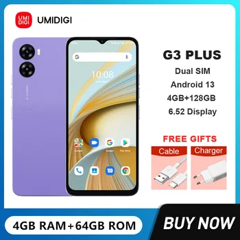 UMIDIGI G3 PLUS Android 13 Смартфоны с 6,52-дюймовым Дисплеем Unisoc T606 4 ГБ + 128 ГБ с двумя SIM-картами 4G Мобильный телефон 5150 мАч 16-мегапиксельная камера 9