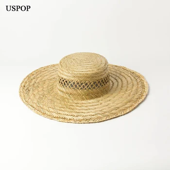 USPOP, новые шляпы из натуральной соломы для женщин, открытые солнцезащитные шляпы ручной работы, пляжные шляпы с широкими полями и плоским верхом 2