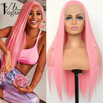 Voguebeauty Розовый Синтетический парик на кружеве, Шелковистое Прямое Термостойкое волокно, натуральная линия роста волос, Косплей Для женщин 7
