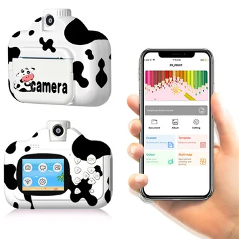 WiFi Камера мгновенной печати Термопринтер с изображением Мультяшной Коровы 1080P HD Видео Цифровая камера Игрушки Подарок ребенку На День Рождения Детская камера 11