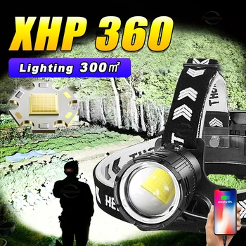 XHP360 Супер Мощный светодиодный Налобный фонарь Новая Перезаряжаемая Фара XHP160 XHP90 Головной Фонарик Высокой Мощности Налобные Фонари Рыболовный Фонарь 15