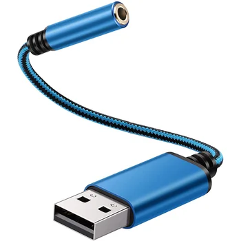 Аудиоадаптер для наушников USB-3,5 мм, Внешняя стереофоническая звуковая карта для ПК, ноутбука, для, для и т.д. (0,6 фута, синий)