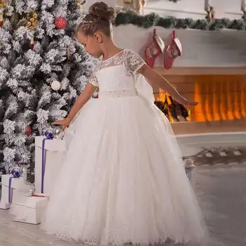 Бальное платье с коротким рукавом, платья с цветочным узором для девочек, платье принцессы с бантом, свадебное платье для Первого причастия, праздничные платья 12