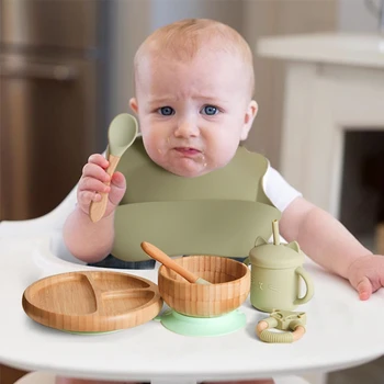 Бамбуковые принадлежности для кормления ребенка, Набор для кормления Ребенка, Детская силиконовая посуда с чашкой, Детская посуда, Миска, Подарочный набор посуды 12