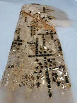 Бархатная африканская кружевная ткань С блестками, золотая французская вышивка, Нигерийская бархатная тюлевая кружевная ткань с блестками для свадебного платья 4