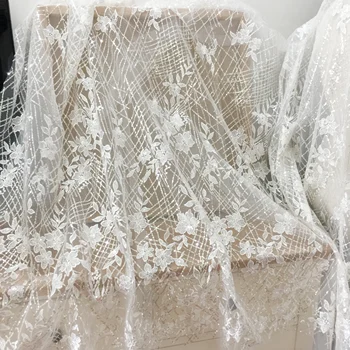 Бежевая клетчатая сетка с пайетками, кружевная ткань с вышивкой, свадебное платье, аксессуары из ткани 