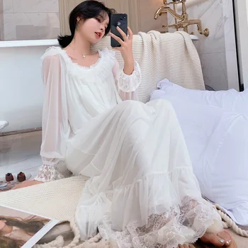 Белые женские пижамы Сексуальная модальная ночная рубашка с длинным рукавом, Пуловер, Милая ночная одежда, Свободная пижама Принцессы, ночное летнее платье 9