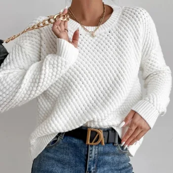 Белый свитер с круглым вырезом и длинным рукавом, Вязаный Пуловер, Осенне-зимняя Женская одежда 2023, модный однотонный базовый джемпер, свитер