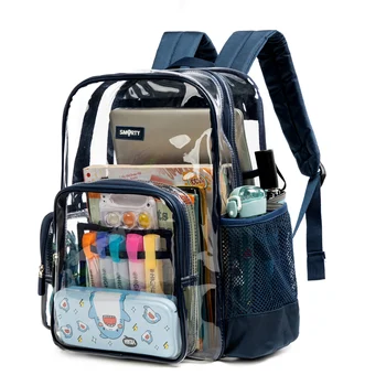 Большая и XL сверхпрочная прозрачная сумка для книг с чехлом для ноутбука, Высококачественная прозрачная школьная сумка из ПВХ для женщин и мужчин -синий 3