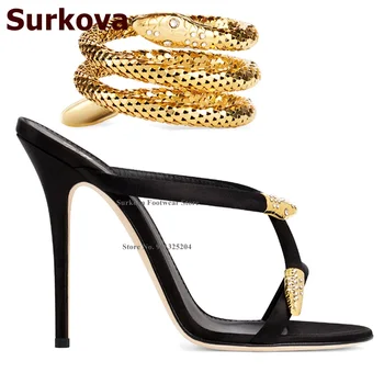 Босоножки с пряжкой в виде золотой змеи Surkova, Кольцо на щиколотке, черный ремешок, модельные туфли в стиле пэчворк, блестящие кристаллы, Металлические тапочки без застежки 1