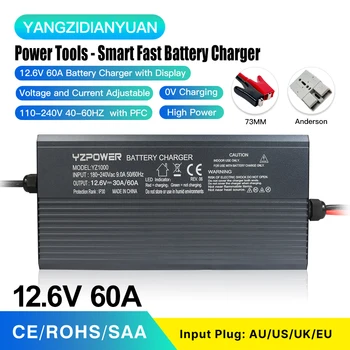 Быстрое зарядное устройство для литиевой батареи 12,6 V 60A 1S Подходит для зарядки электроинструментов в автомобиле С дисплеем вентилятора Полная зарядка с автоматическим выключением 12