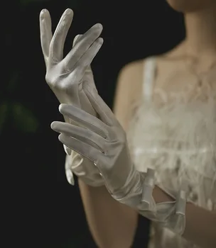 Винтажные атласные Короткие свадебные перчатки с бантом 1920-х годов, вечерние варежки с хлопками на весь палец 11