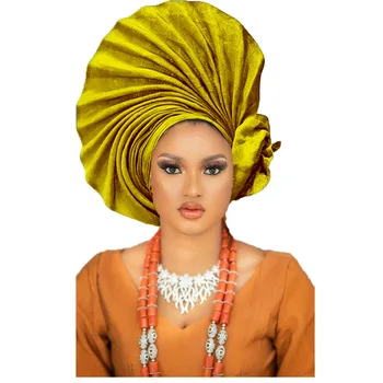 Готовая к носке Геле, Африка, Нигерия, Оранжевая шляпа-Геле с завязками /Ткань Асо-Оке/Повязка на голову, Готовая Геле/Auto Gele