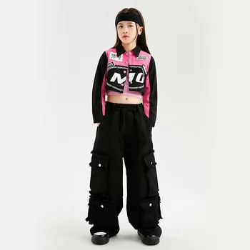 Детская одежда в стиле хип-хоп, Розовая короткая гоночная рубашка, Укороченный топ, черная уличная одежда, Мешковатые брюки-карго для девочек, одежда для джазовых танцев