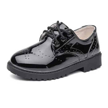 Детская повседневная обувь для мальчиков и девочек, детские кожаные туфли на плоской подошве, Оксфорды из искусственной лакированной кожи, Снекеры на шнуровке в британском стиле для официальных мероприятий